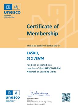 Občina Laško prejela certifikat Unescove globalne mreže učečih se mest